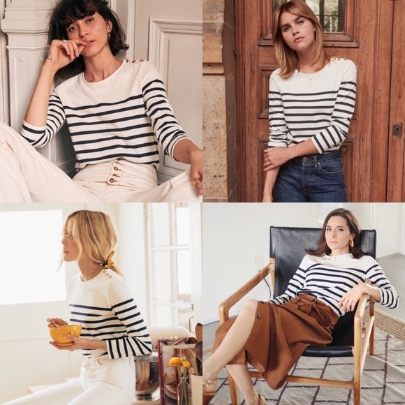 Sezane Loic Mariniere Breton Stripe Shirt White Ecru Blue XS - Picture 15 of 17